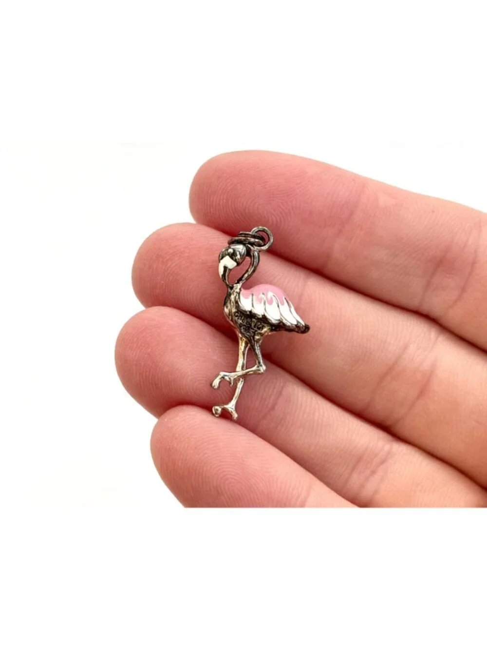 Flamingo Figural Enameled Tiny Sterling Silver Vintage 925 Pendant | Charm